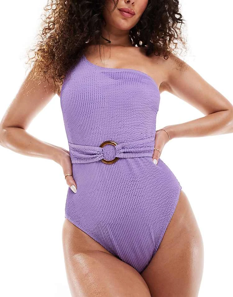 In The Style Exclusive Crinkle One Shoulder Ring Belt Detail Swimsuit In Purple For Women Lilac 5 In The Style Exclusive Crinkle One Shoulder Ring Belt Detail Swimsuit In Purple For Women Lilac - Image 5