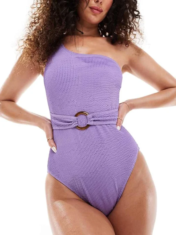 In The Style Exclusive Crinkle One Shoulder Ring Belt Detail Swimsuit In Purple For Women Lilac