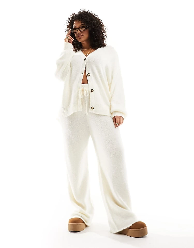 In The Style Plus Fluffy Cardigan And Flare Trouser Co-ord In Cream 1 In The Style Plus Fluffy Cardigan And Flare Trouser Co-ord In Cream