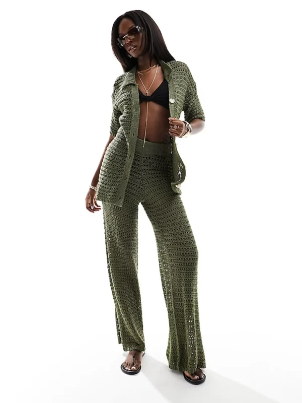 In The Style Crochet Button Through Shirt And Wide Leg Trouser Co-ord In Olive