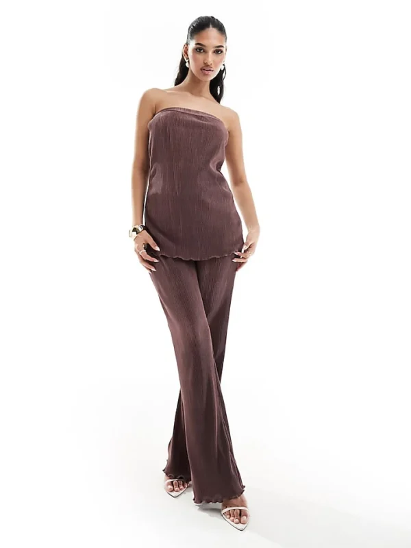 In The Style Bandeau Plisse Longline Top And Trouser Co-ord In Chocolate