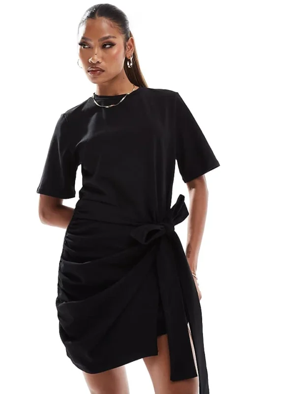 In The Style Exclusive Wrap Tie Side Mini T-shirt Dress In Black For Women