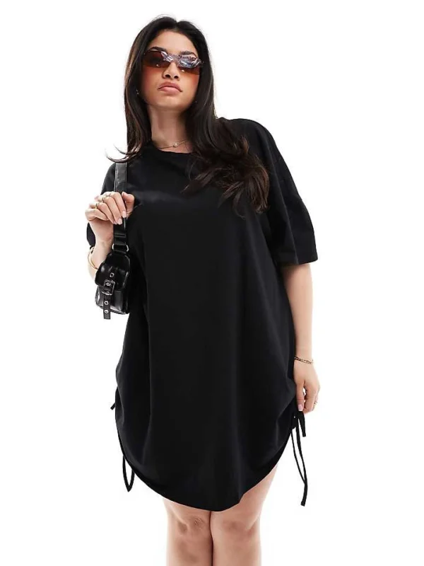 In The Style Plus Ruched Tie Side Oversized Mini T-shirt Dress In Black For Women
