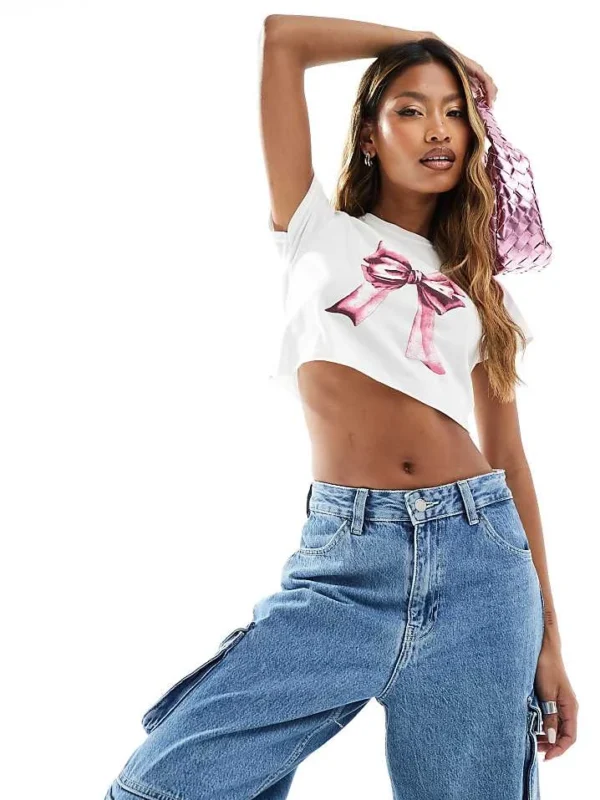 In The Style Cap Sleeve Bow Motif Cropped Baby Tee In White For Women