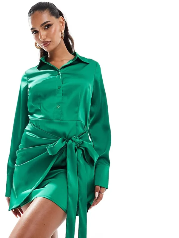 In The Style X Perrie Sian Exclusive Satin Wrap Tie Side Mini Shirt Dress In Emerald Green For Women
