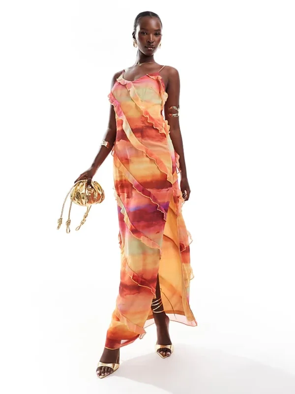 In The Style X Perrie Sian Exclusive Cami Ruffle Trim Maxi Dress In Orange Ombre For Women Multi