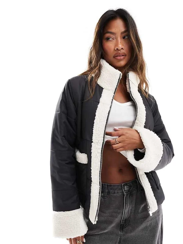 In The Style Padded And Borg Trim Jacket In Black And Cream For Women