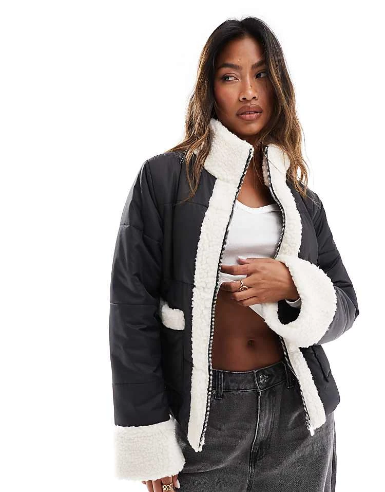 In The Style Padded And Borg Trim Jacket In Black And Cream For Women 1 In The Style Padded And Borg Trim Jacket In Black And Cream For Women