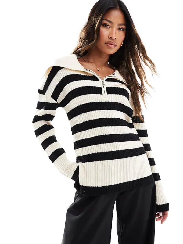 In The Style Half Zip Jumper In Stone And Black Stripe For Women Black/white
