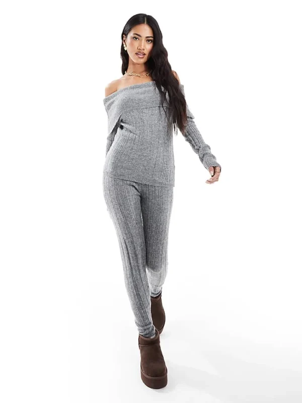 In The Style Foldover Bardot Rib Knitted Jumper And Leggings Co-ord In Grey