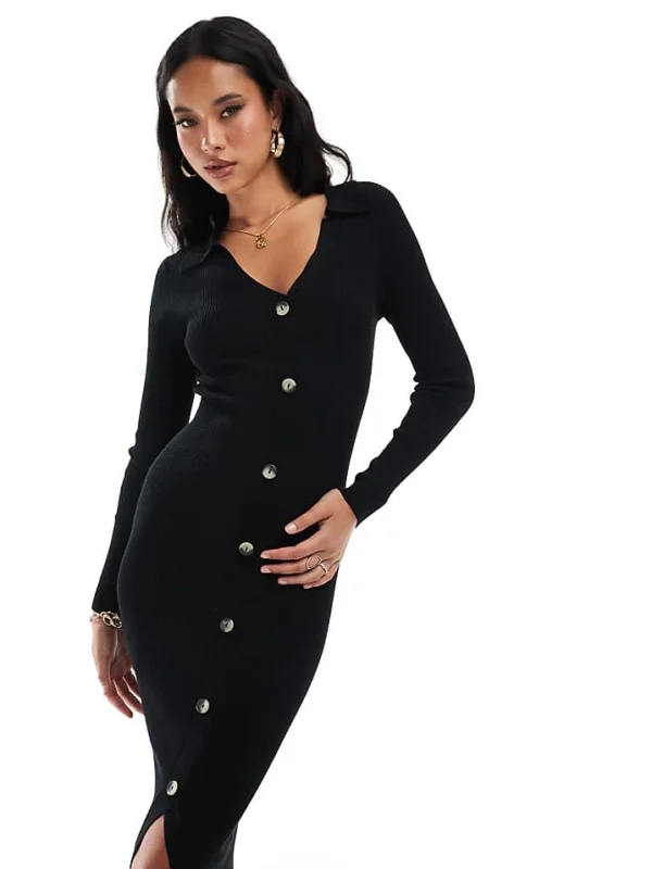In The Style V Neck Button Through Midi Cardigan Dress In Black For Women