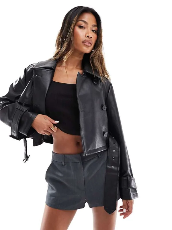 In The Style Cropped Double Breasted Leather Look Jacket In Black For Women