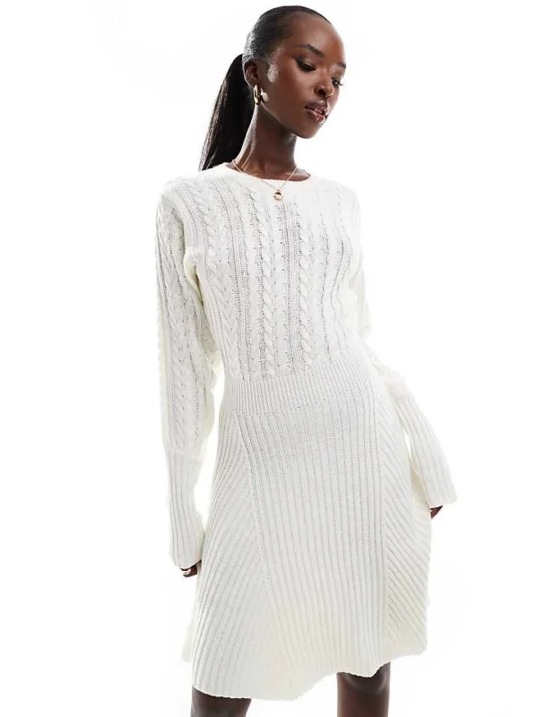 In The Style Cable Knit Mini Skater Jumper Dress In Cream For Women