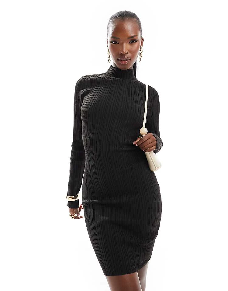 In The Style Knitted High Neck Bodycon Mini Dress In Black For Women 1 In The Style Knitted High Neck Bodycon Mini Dress In Black For Women