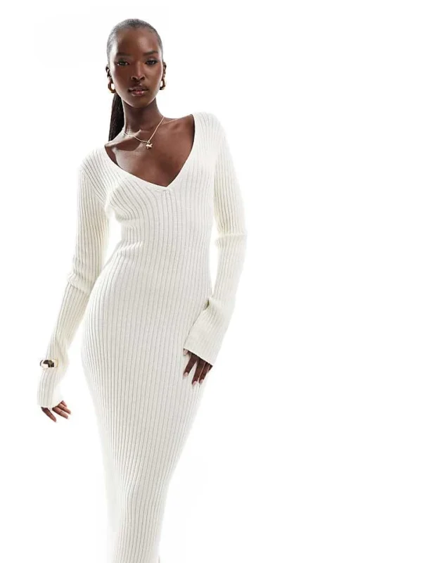 In The Style Soft Ribbed V Neck Maxi Jumper Dress In Cream For Women