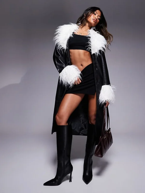 In The Style Leather Look Trench Coat With Faux Fur Trims In Black For Women