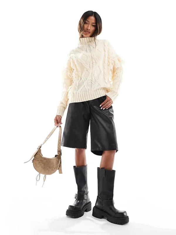 In The Style High Neck Cable Knit Jumper In Cream For Women