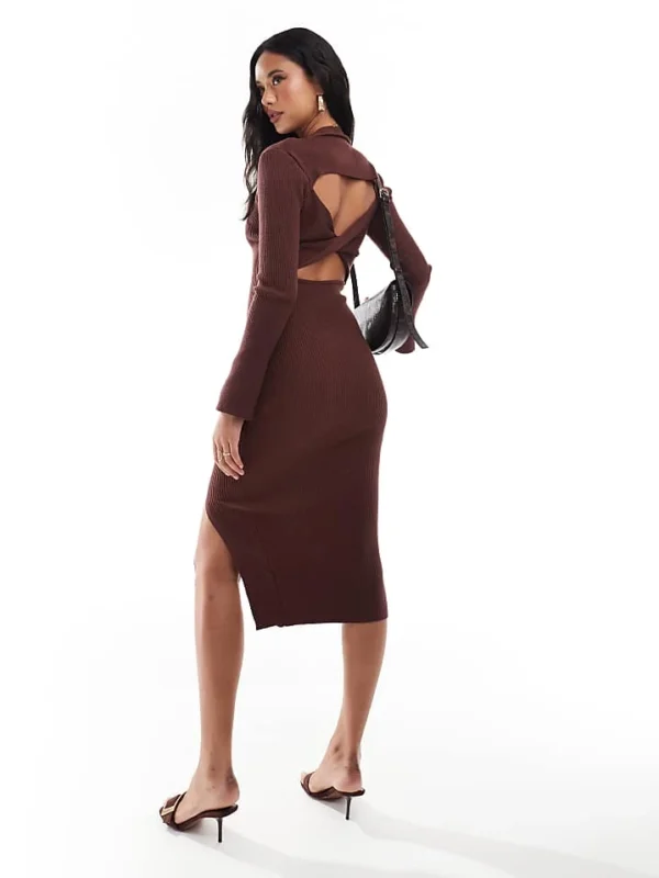 In The Style High Neck Fluted Sleeve Open Twist Back Mid Jumper Dress In Chocolate For Women