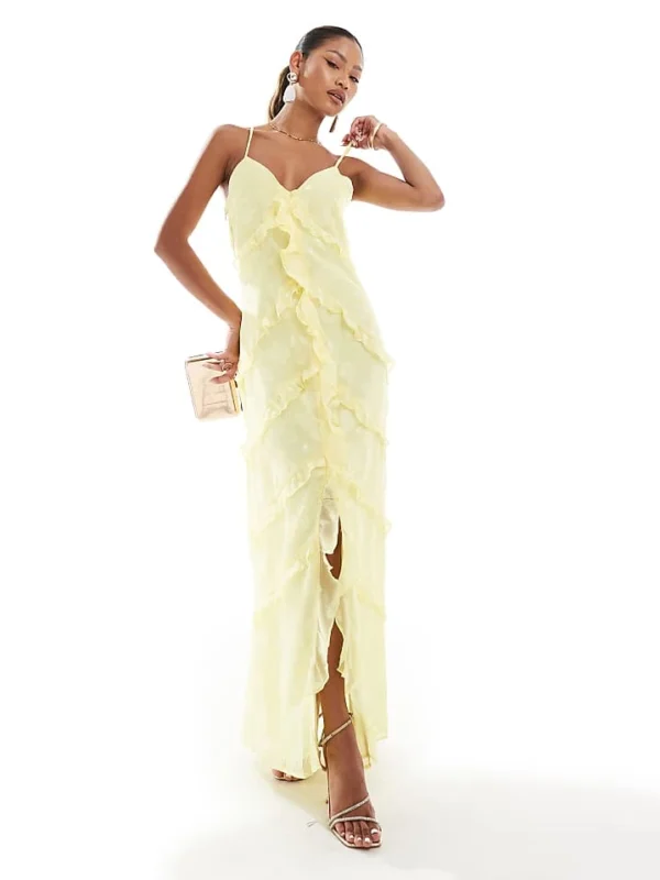 In The Style X Perrie Sian Cami Ruffle Trim Maxi Dress In Lemon Yellow Jacquard For Women