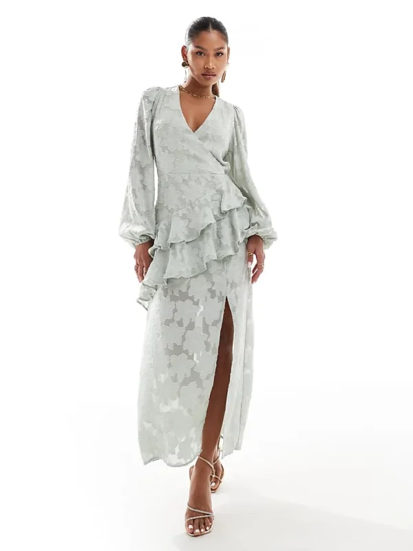 In The Style X Perrie Sian Wrap Asymmetric Ruffle Maxi Dress In Sage Jacquard For Women Green