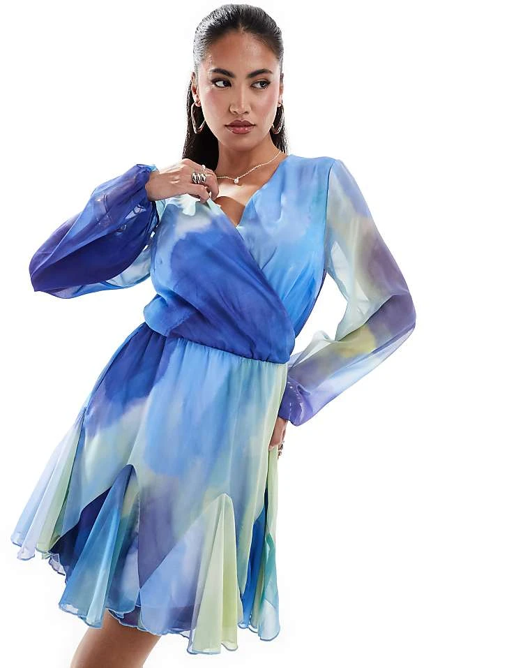 In The Style X Perrie Sian Satin V Neck Floaty Mini Dress In Blue Ombre For Women 4 In The Style X Perrie Sian Satin V Neck Floaty Mini Dress In Blue Ombre For Women - Image 4