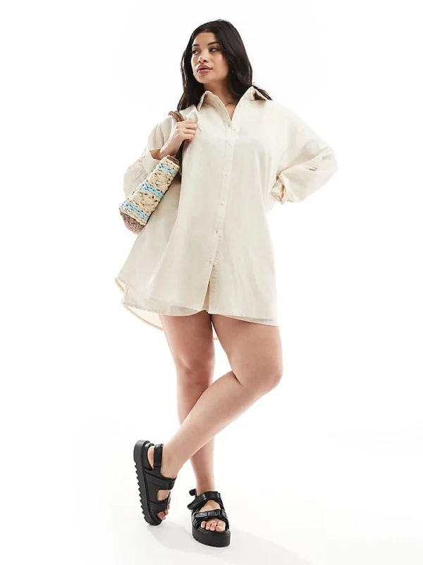 In The Style Plus Linen Look Oversized Shirt And Shorts Co-ord In Stone