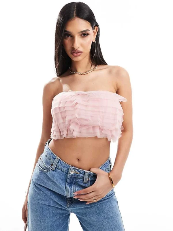 In The Style Tulle Bandeau Crop Top In Blush For Women