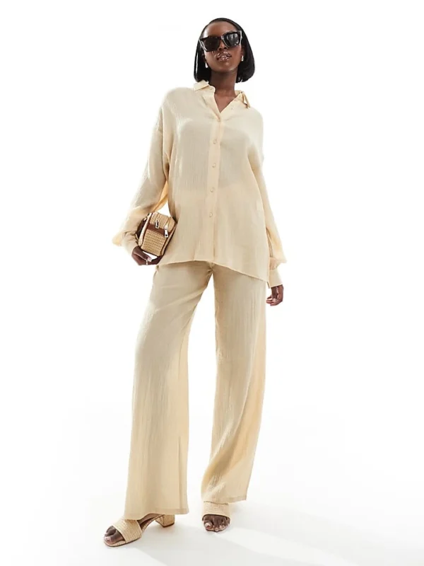 In The Style Crinkle Long Sleeve Shirt And Wide Leg Trousers Co-ord In Beige