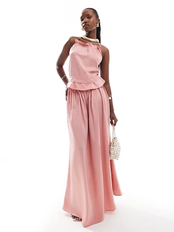 In The Style Exclusive Satin Halterneck Top And Maxi Skirt Co-ord In Rose Pink