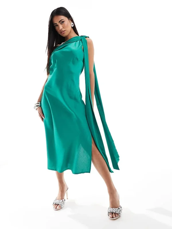 In The Style X Terrie McEvoy Satin One Shoulder Drape Midi Dress In Emerald Green For Women