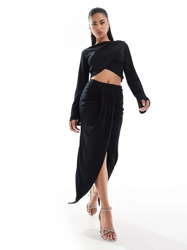 In The Style X Georgia Louise Slinky Wrap Drape Detail Maxi Skirt Co-ord In Black For Women