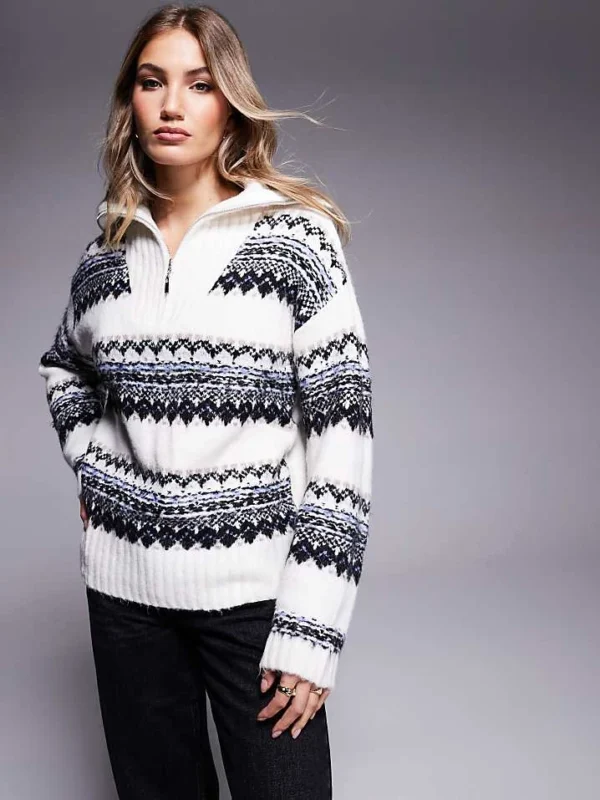 In The Style Knit Half Zip Jumper In Cream Fairisle Print For Women Cream Print