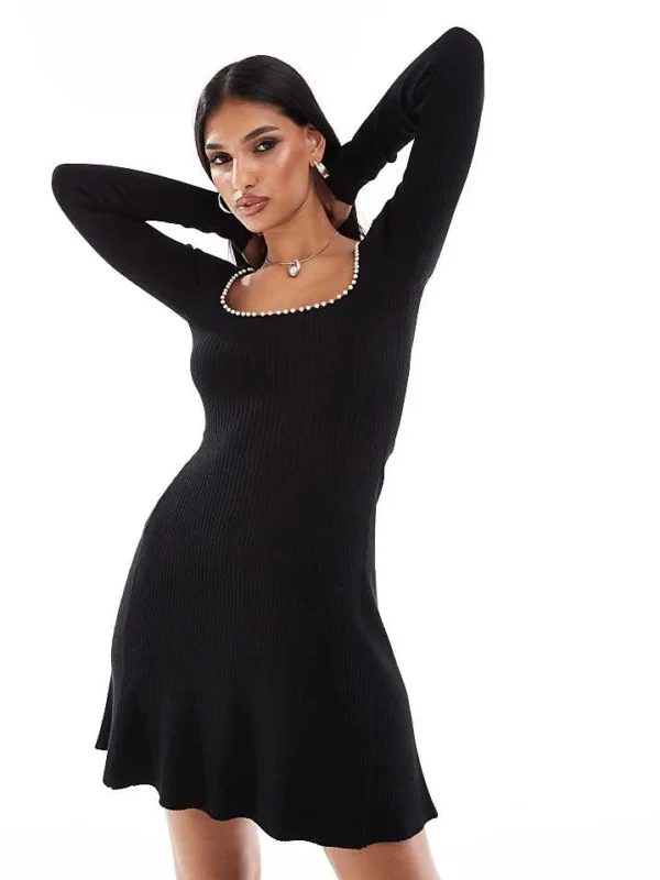 In The Style Pearl Trim Square Neck Knitted Skater Mini Dress In Black For Women