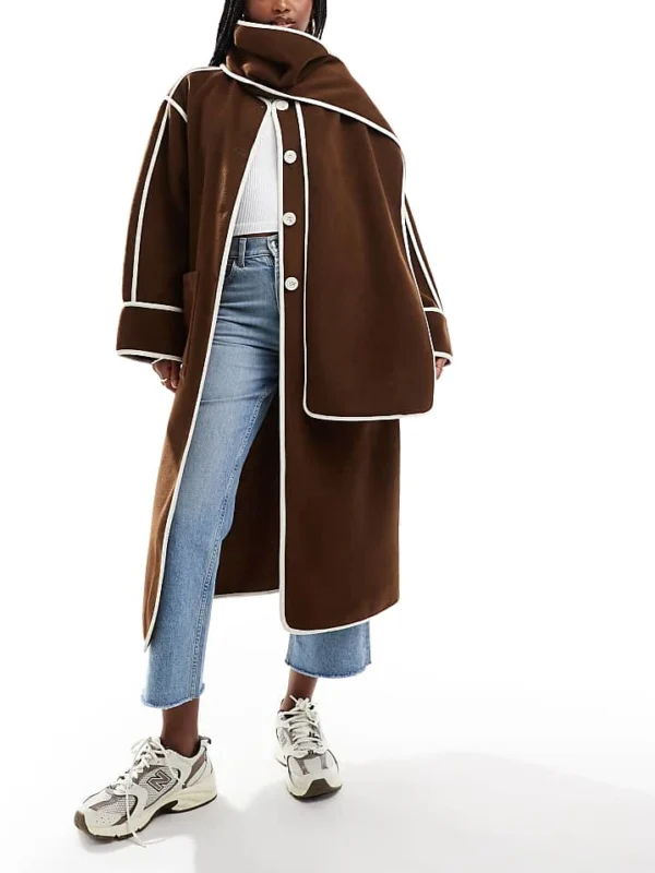 In The Style Contrast Trim Midi Coat With Detachable Scarf In Chocolate For Women