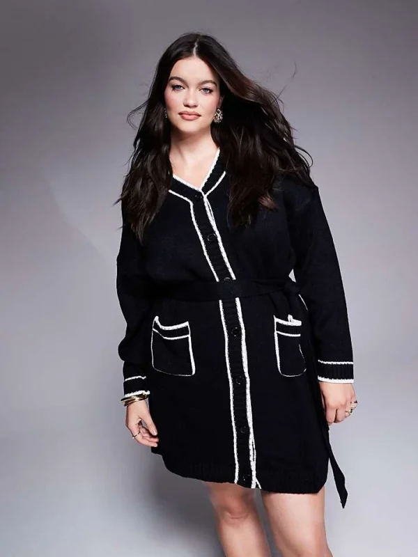 In The Style Plus Contrast Trim Belted Mini Cardigan Dress In Black For Women