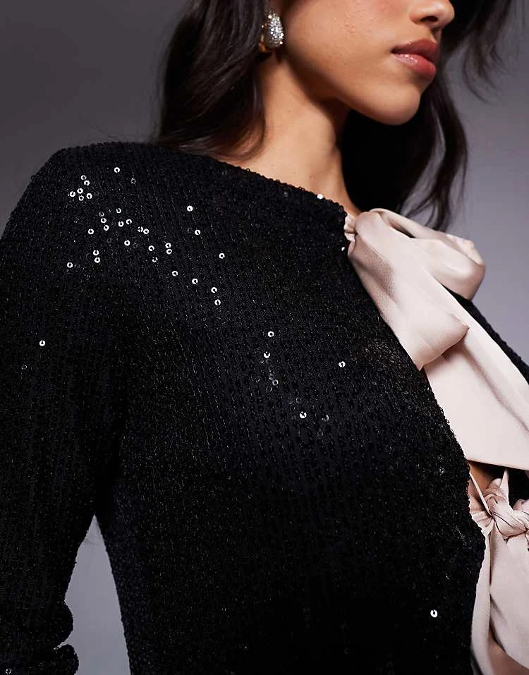 In The Style Sequin Top With Contrast Bow Detail In Black For Women 3 In The Style Sequin Top With Contrast Bow Detail In Black For Women - Image 3