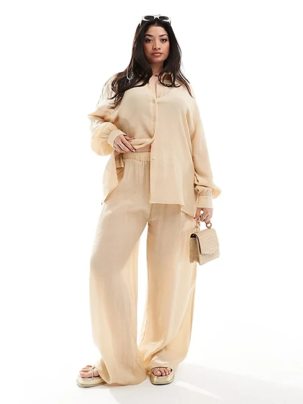 In The Style Plus Crinkle Shirt And Trousers Co-ord In Camel