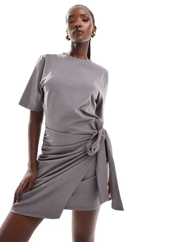 In The Style Exclusive Wrap Tie Side Mini T-shirt Dress In Charcoal For Women