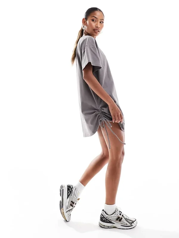 In The Style Exclusive Ruched Side Oversized Mini T-shirt Dress In Charcoal For Women