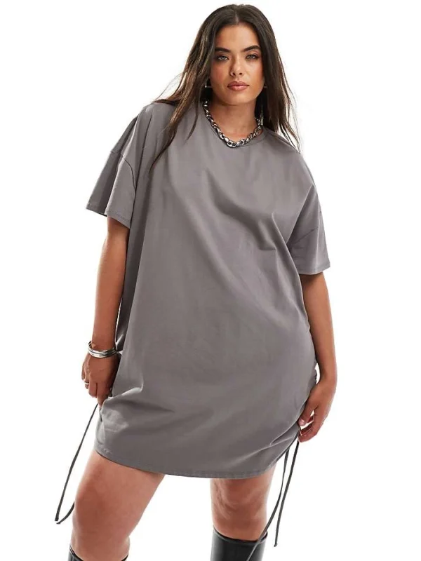 In The Style Plus Exclusive Ruched Tie Side Oversized Mini T-shirt Dress In Charcoal For Women
