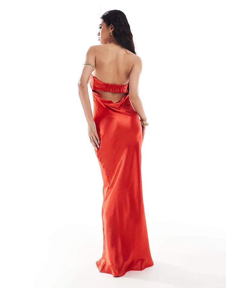In The Style Exclusive Liquid Satin Bandeau Cut Out Back Maxi Dress In Red For Women 4 In The Style Exclusive Liquid Satin Bandeau Cut Out Back Maxi Dress In Red For Women - Image 4