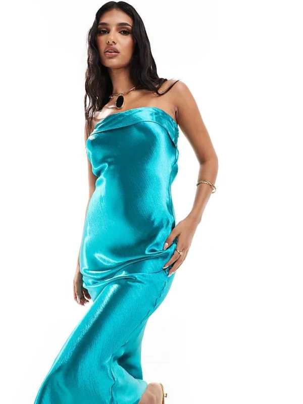 In The Style Exclusive Liquid Satin Bandeau Cut Out Back Maxi Dress In Turquoise For Women