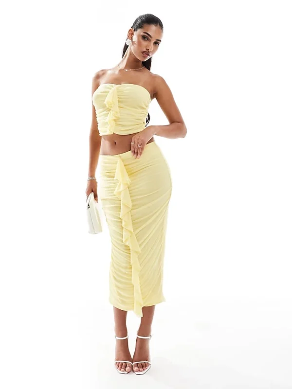 In The Style Exclusive Bandeau Ruffle Front Top And Maxi Skirt Co-ord In Yellow