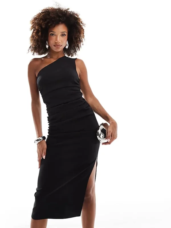 In The Style Bengaline One Shoulder Ruched Midi Dress In Black For Women