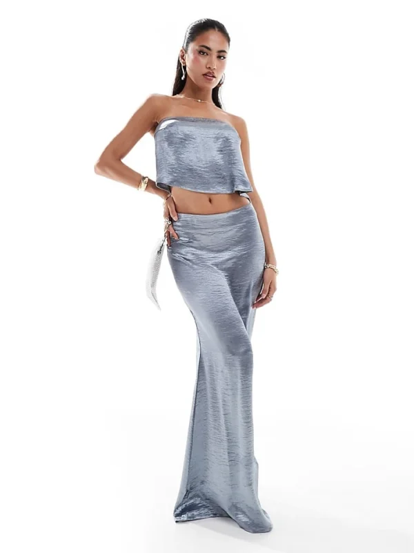 In The Style X Perrie Sian Exclusive Satin Top And Maxi Skirt Co-ord In Blue
