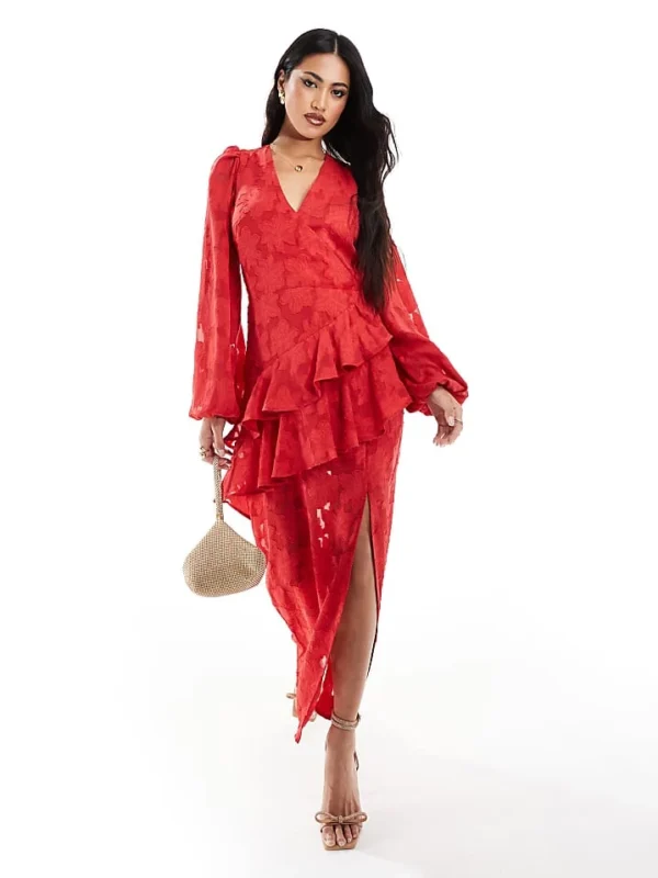 In The Style X Perrie Sian Wrap Asymmetric Ruffle Maxi Dress In Red Jacquard For Women