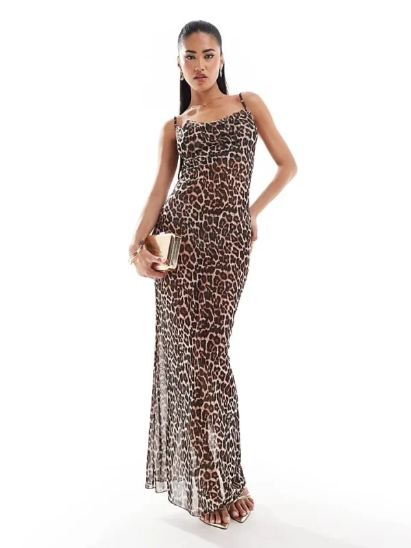 In The Style Exclusive Mesh Cowl Neck Cami Maxi Dress In Leopard Print For Women