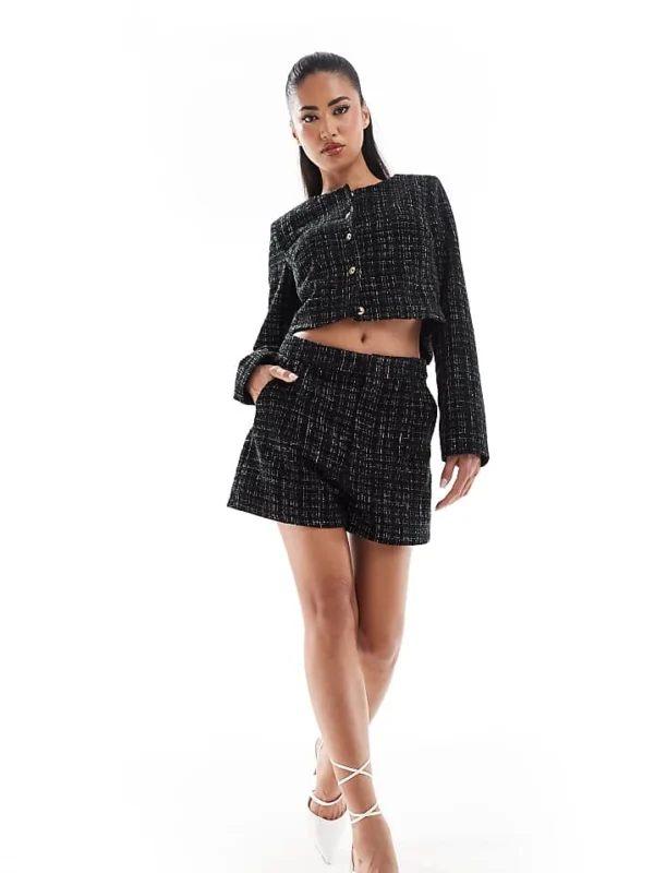 In The Style Exclusive Metallic Boucle Cropped Tailored Jacket And Shorts Co-ord In Black
