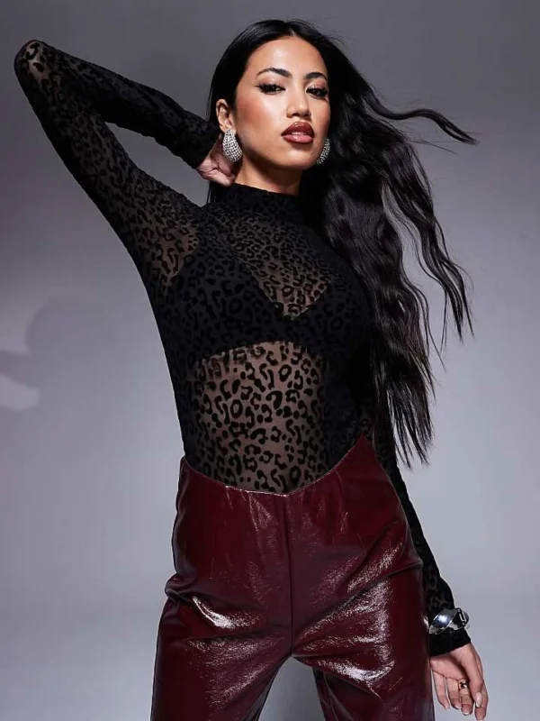In The Style Exclusive Devore Long Sleeve Bodysuit In Black Animal For Women