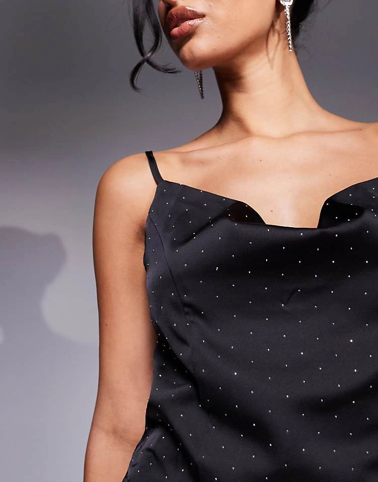 In The Style Exclusive Strappy Satin All Over Hotfix Cowl Neck Mini Dress In Black For Women 3 In The Style Exclusive Strappy Satin All Over Hotfix Cowl Neck Mini Dress In Black For Women - Image 3